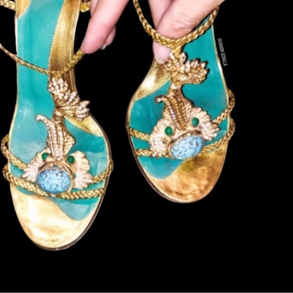 FENDI Gold Braided Embellishment Fish Ornate Crystal Sandal Heels - Picture 3 of 11
